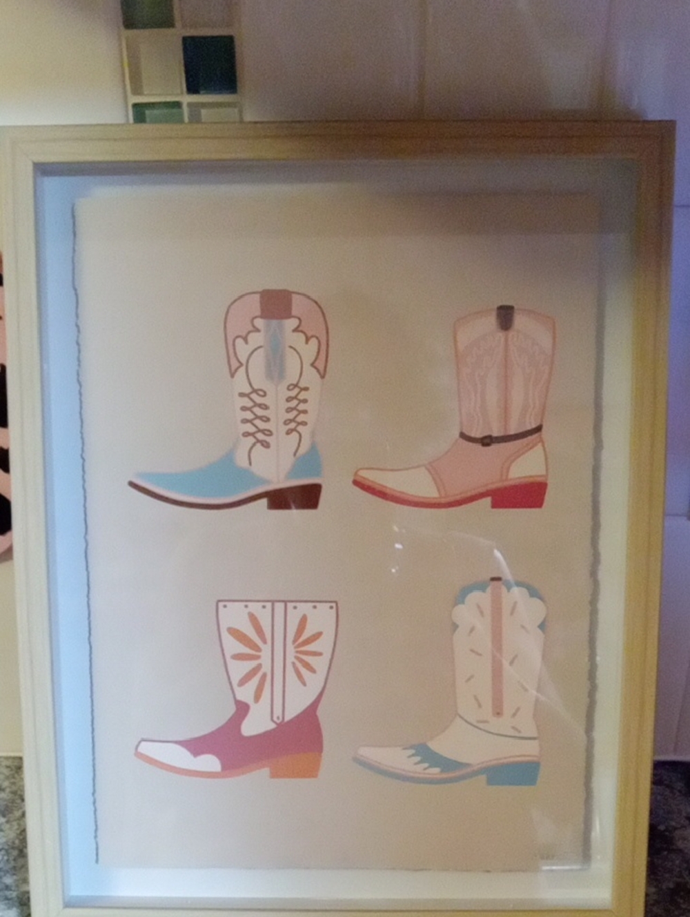 Framed Western Boot Art Print - Pastel Pink & Blue
